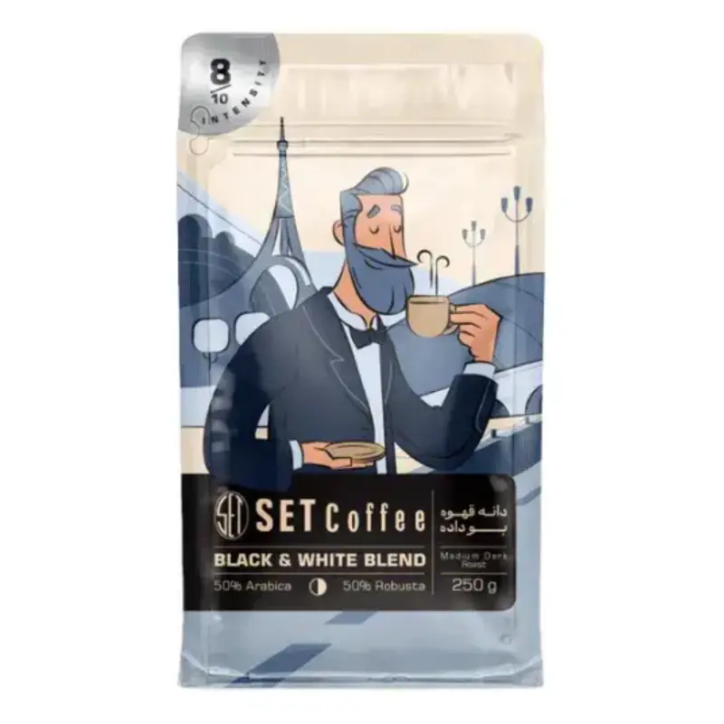 دانه قهوه ترکیبی ست 50/50 بلک اند وایت 250 گرم